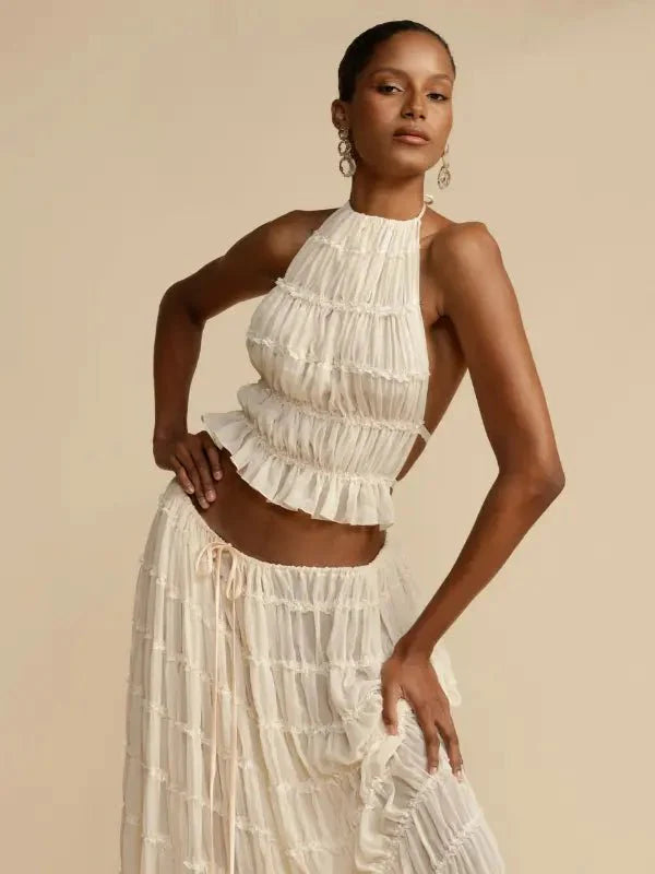 Conjunto de Cropped e Saia Longa Chiffon Drapeado Lana - Ziora