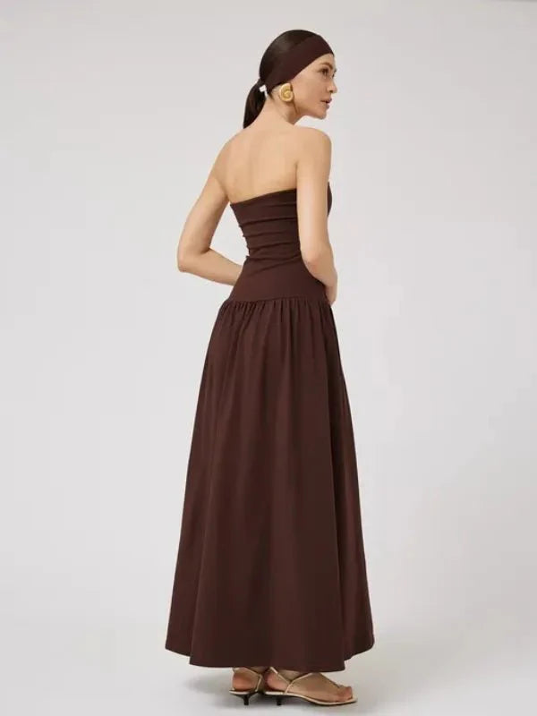 Vestido Longo Tomara que Caia Detalhe Franzido Marrom Chocolate Hellen - Ziora