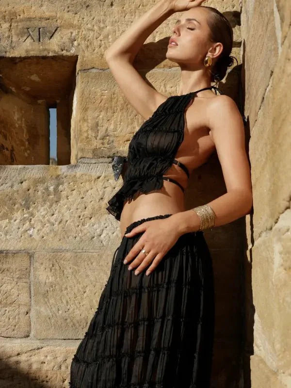 Conjunto de Cropped e Saia Longa Drapeado Luana Preto - Ziora