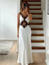 Vestido Longo em Cetim com Recortes e Renda Floral Libra - Ziora