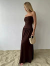 Vestido Longo Tomara que Caia Detalhe Franzido Marrom Chocolate Hellen - Ziora